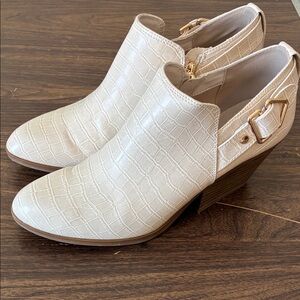 Chic Cream Croc-Embossed Ankle Booties